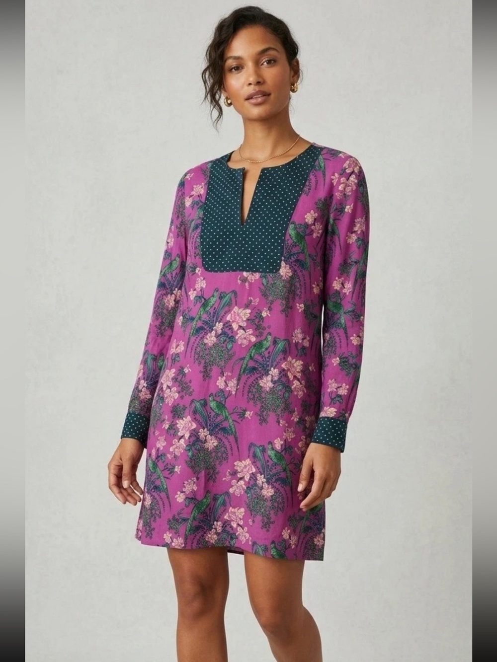 Maeve Anthropologie Long Sleeve Colorful Floral/Bird Print Shift Dress Size 0P
